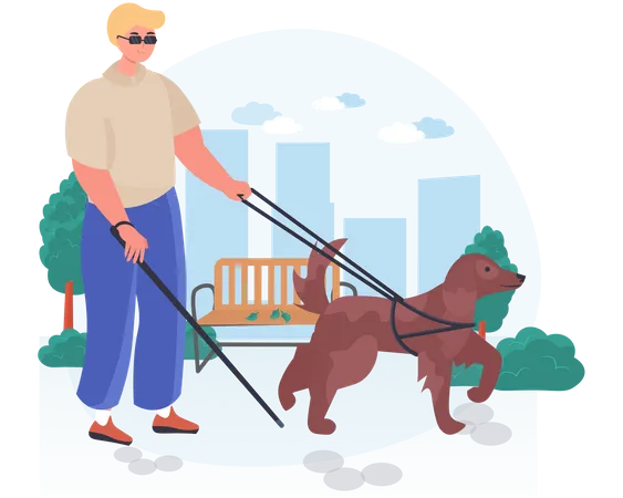 Dog helping blind man in garden walk  Illustration