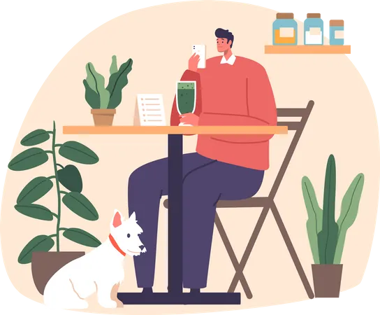 Dog Owner Enjoys Smoothie With His Furry Friend At Vegan Restaurant  Illustration