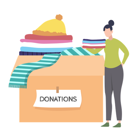 Donation Box Filled with Clothing and a Volunteer Adding Items  Illustration