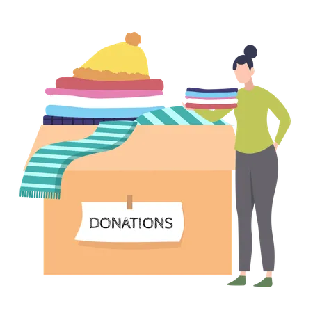 Donation Box Filled with Clothing and a Volunteer Adding Items  Illustration