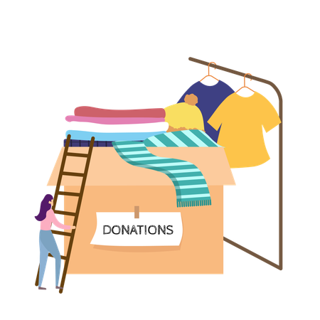 Donation Box with Clothing and Volunteer Climbing Ladder  Illustration