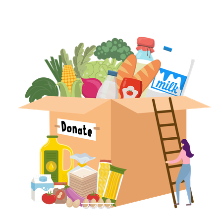 Donation Box with Food Items and Volunteer  Illustration