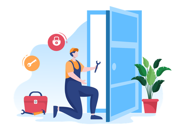 Door locksmith repairing issue with the lock  Illustration