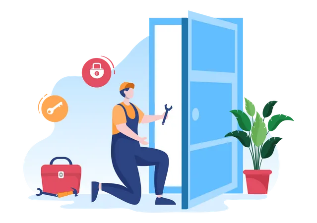 Door locksmith repairing issue with the lock  Illustration