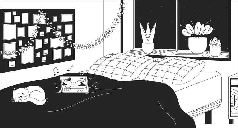 Acogedor dormitorio con gato durmiendo  Ilustración