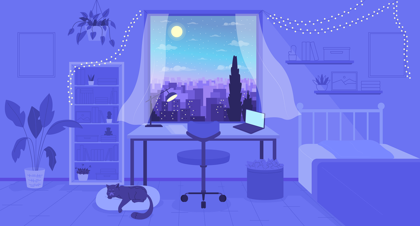 Acogedor dormitorio con vistas nocturnas al paisaje urbano en la ventana  Ilustración