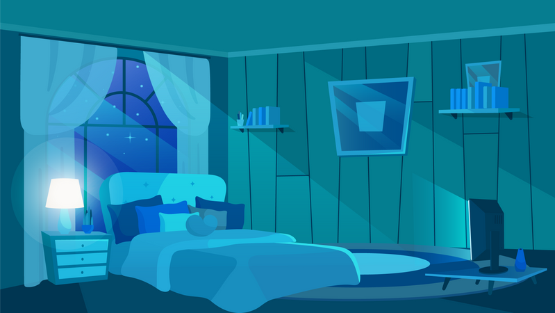 Interior del dormitorio en los rayos de la luna.  Ilustración