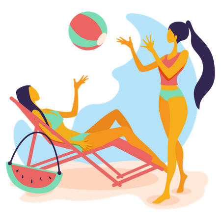 Dos mujeres en bikini jugando a la pelota en la playa  Ilustración