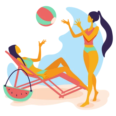 Dos mujeres en bikini jugando a la pelota en la playa  Ilustración