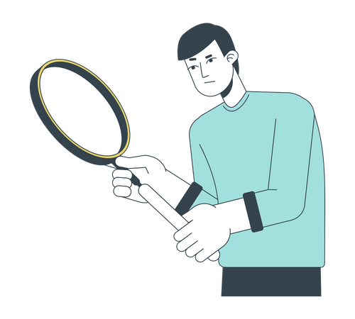 Doubtful caucasian young man holding loupe  Illustration