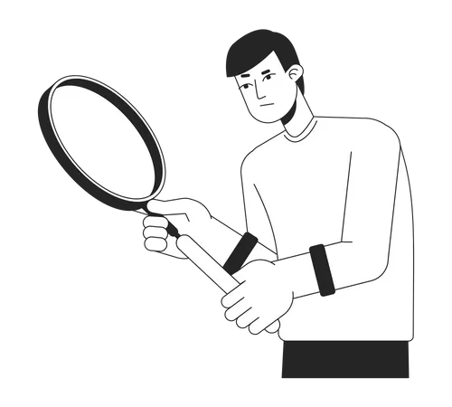 Doubtful caucasian young man holding loupe  Illustration