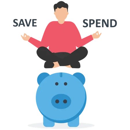 Doubtful man sitting on piggy bank balancing save or spend choice  Illustration