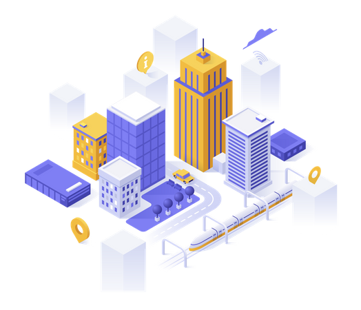 Downtown buildings and streets, map pins and place for text  イラスト