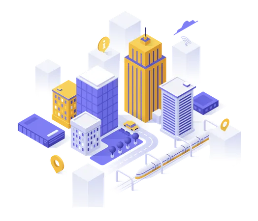 Downtown buildings and streets, map pins and place for text  イラスト