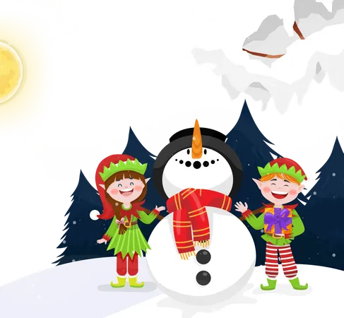 Elfos e bonecos de neve cobertos de neve de Natal  Ilustração