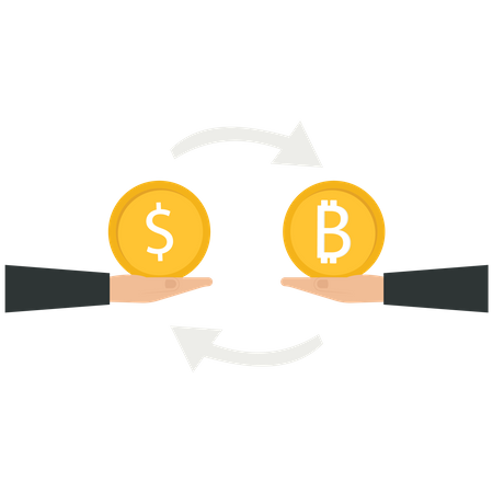 Échanger des devises entre une pièce américaine et une pièce Bitcoin  Illustration