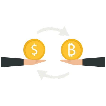 Échanger des devises entre une pièce américaine et une pièce Bitcoin  Illustration