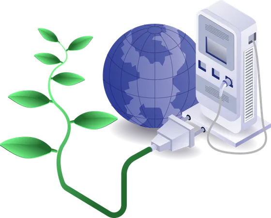 Eco green electric car charging from solar panels  Illustration