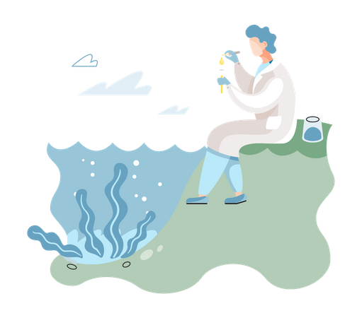 Ecological researcher analyzing chemical indicators in river  イラスト