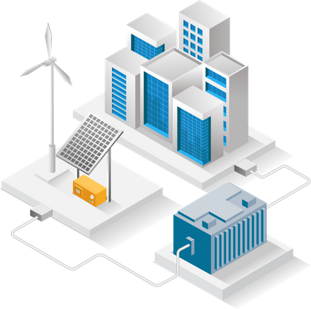 Edificio funcionando con sistema de energía fuera de la red  Ilustración