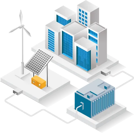 Edificio funcionando con sistema de energía fuera de la red  Ilustración