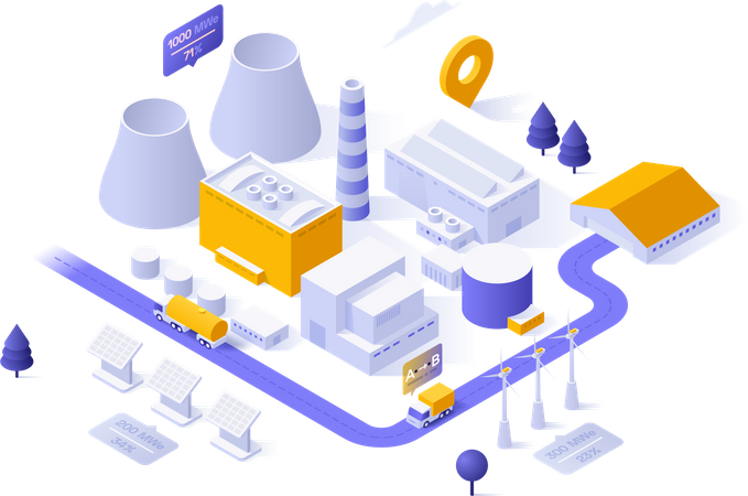 Edificios de fábricas o plantas, torres de refrigeración, turbinas eólicas, sistemas de energía solar.  Ilustración