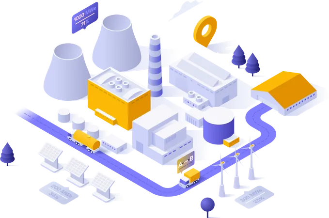 Edificios de fábricas o plantas, torres de refrigeración, turbinas eólicas, sistemas de energía solar.  Ilustración