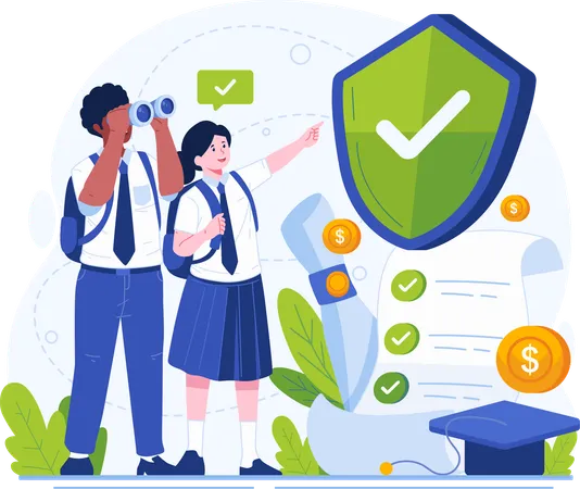 Education Insurance for Children Education With Two Students in School Uniforms  Illustration