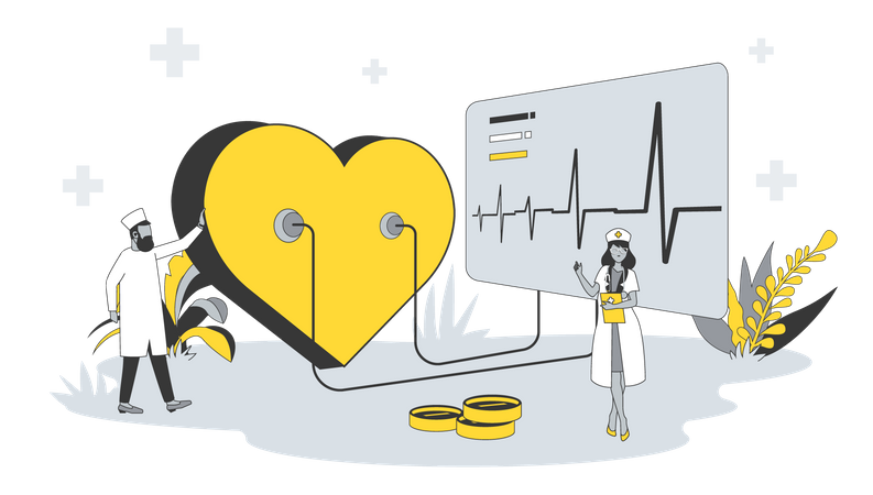 El cardiólogo examina el corazón y la enfermera prescribe medicamentos  Ilustración