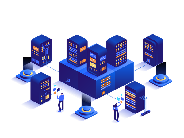 El equipo de ingeniería trabaja en la sala de bases de datos de la nube de hardware  Ilustración