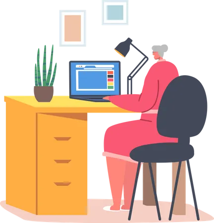 Elder woman working on computer  イラスト