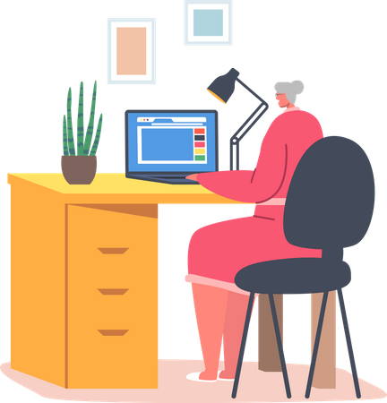 Elder woman working on computer  Illustration