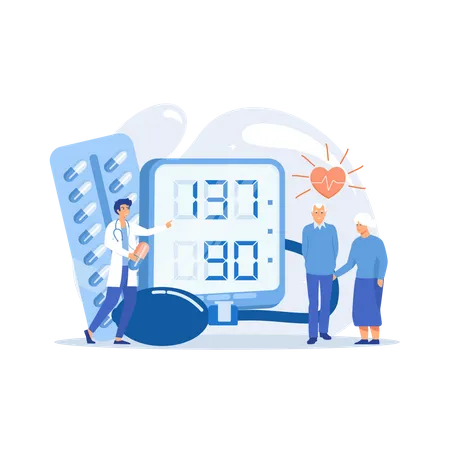 Elderly couple at tonometer High blood pressure  Illustration