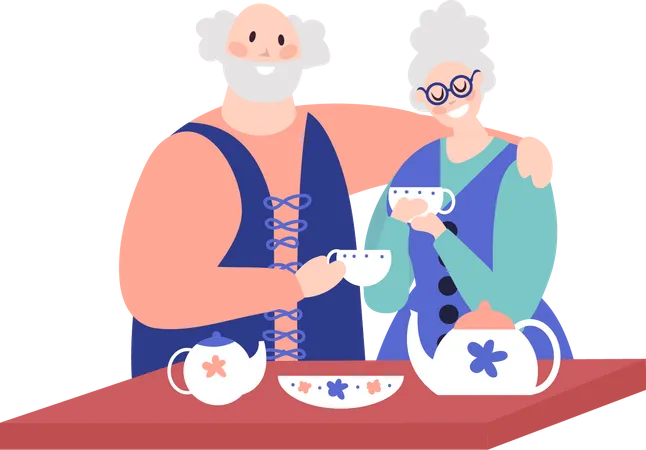 Elderly couple drinking coffee  Illustration