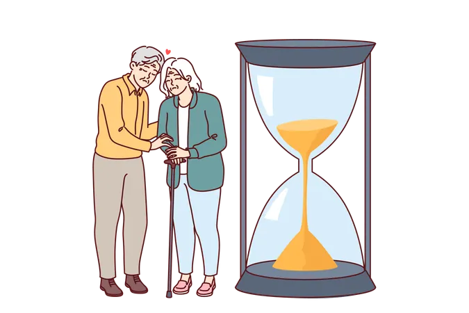 Elderly couple senses fading away and approach death standing near giant hourglass symbolizing life  Illustration