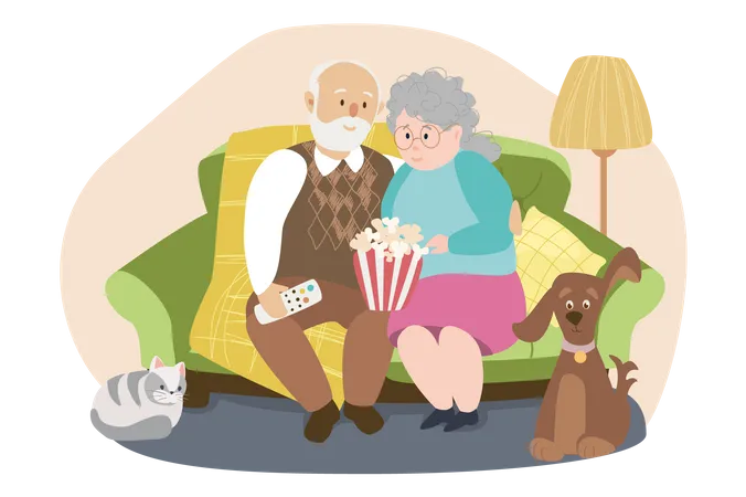 Elderly couple sitting at sofa and watching TV  Illustration