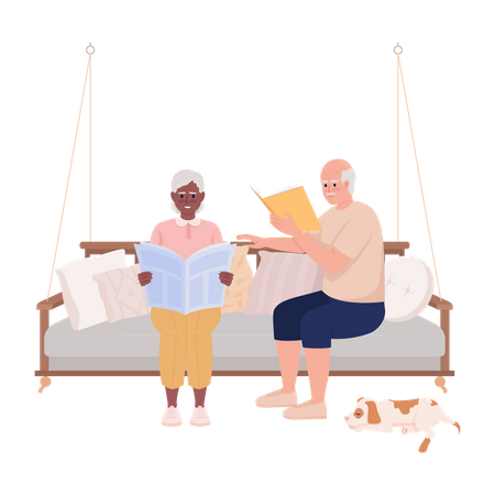 Elderly couple sitting on swing and relaxing  Illustration