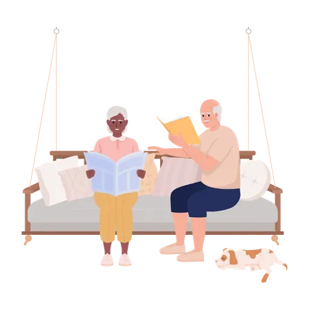 Elderly couple sitting on swing and relaxing  Illustration