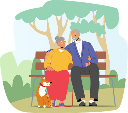 Elderly Couple Spending Time With Dog at City Park  イラスト