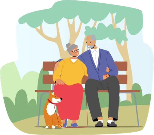 Elderly Couple Spending Time With Dog at City Park  イラスト