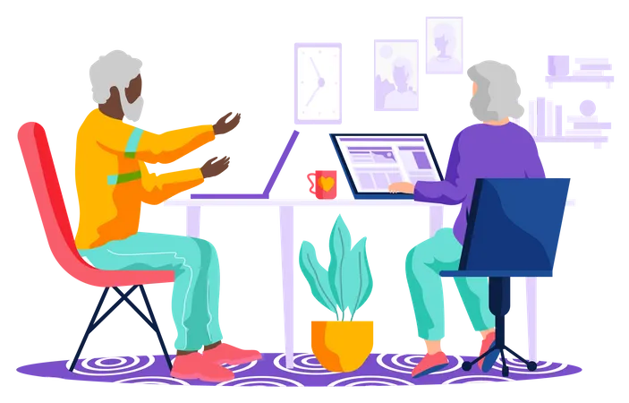 Elderly couple web surfing on internet with laptop  Illustration