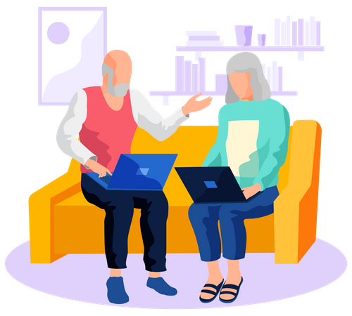 Elderly couple working on laptop  Illustration