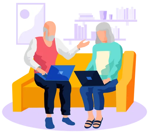 Elderly couple working on laptop  Illustration