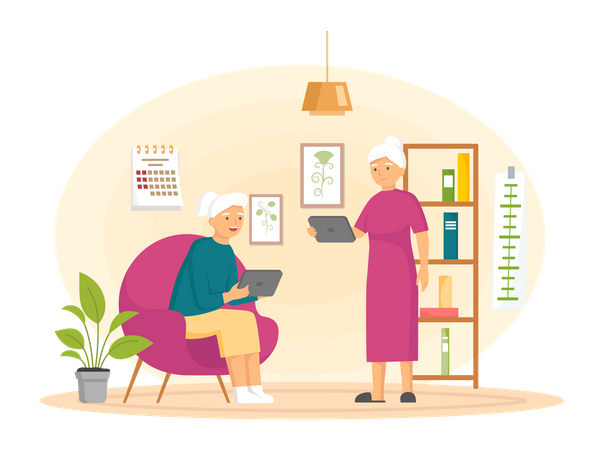 Elderly couple working on laptop  Illustration