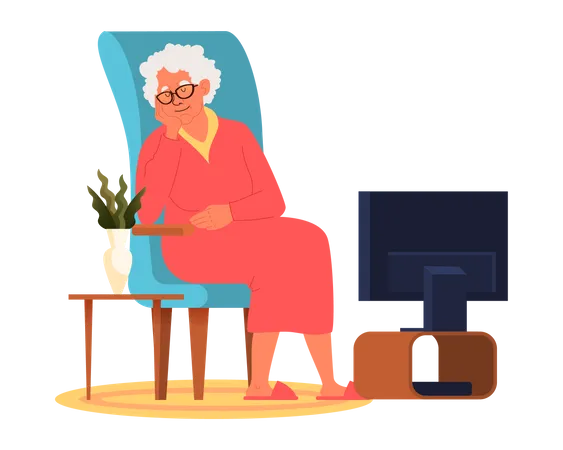 Elderly female sitting on armchair and watching TV  Illustration