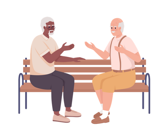 Elderly friends having conversation on bench  Illustration