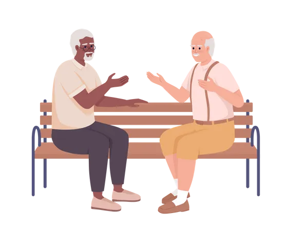 Elderly friends having conversation on bench  Illustration