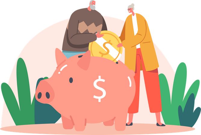 Elderly Man and Woman Characters Put Coin to Piggy Bank  Illustration