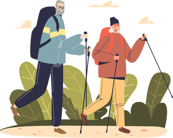 Elderly man and woman hiking with backpack  Illustration