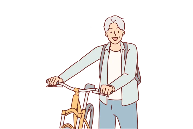 Elderly man cyclist stands near bicycle  Illustration